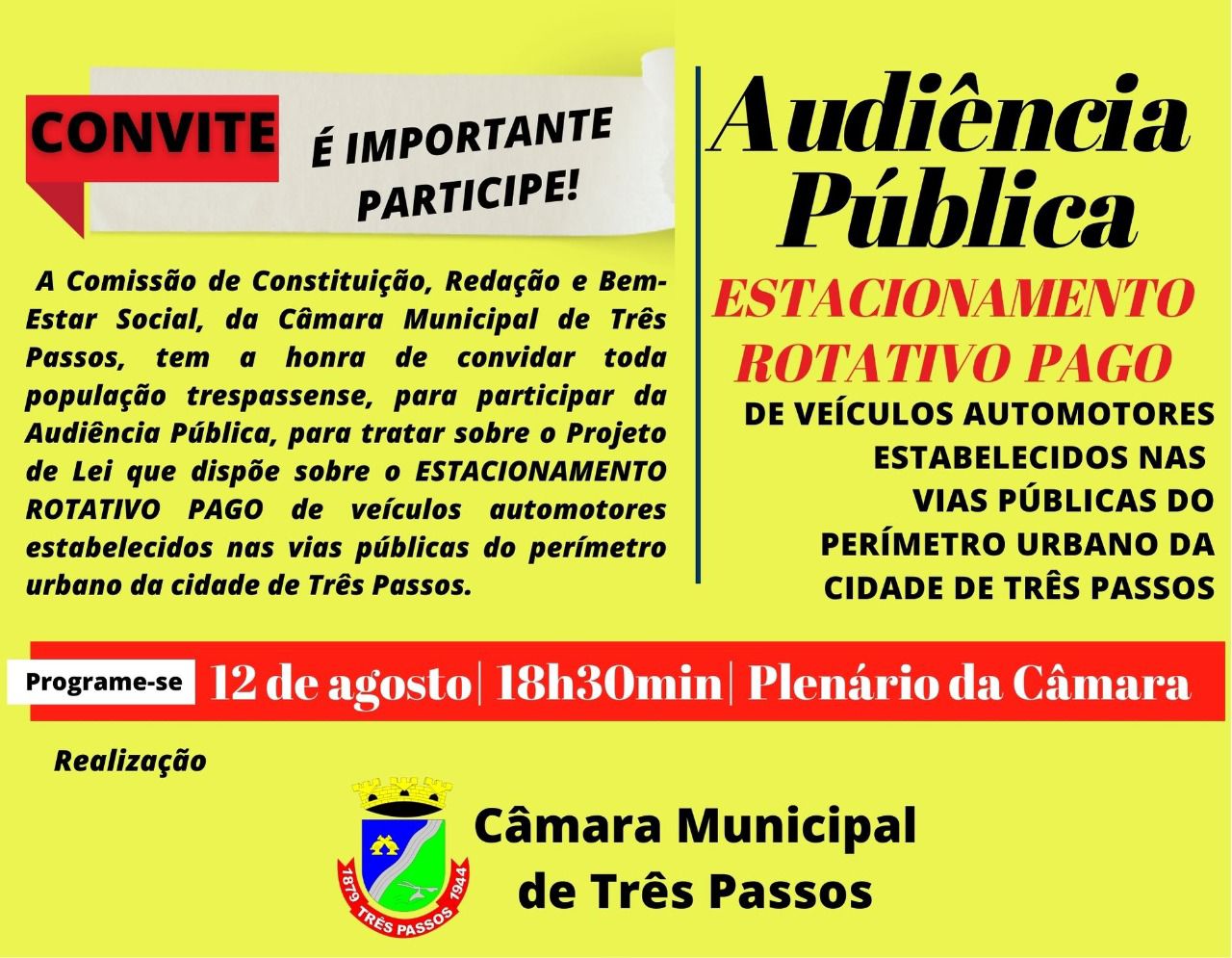 É Hoje a Audiência Pública sobre o Estacionamento Rotativo em Três Passos