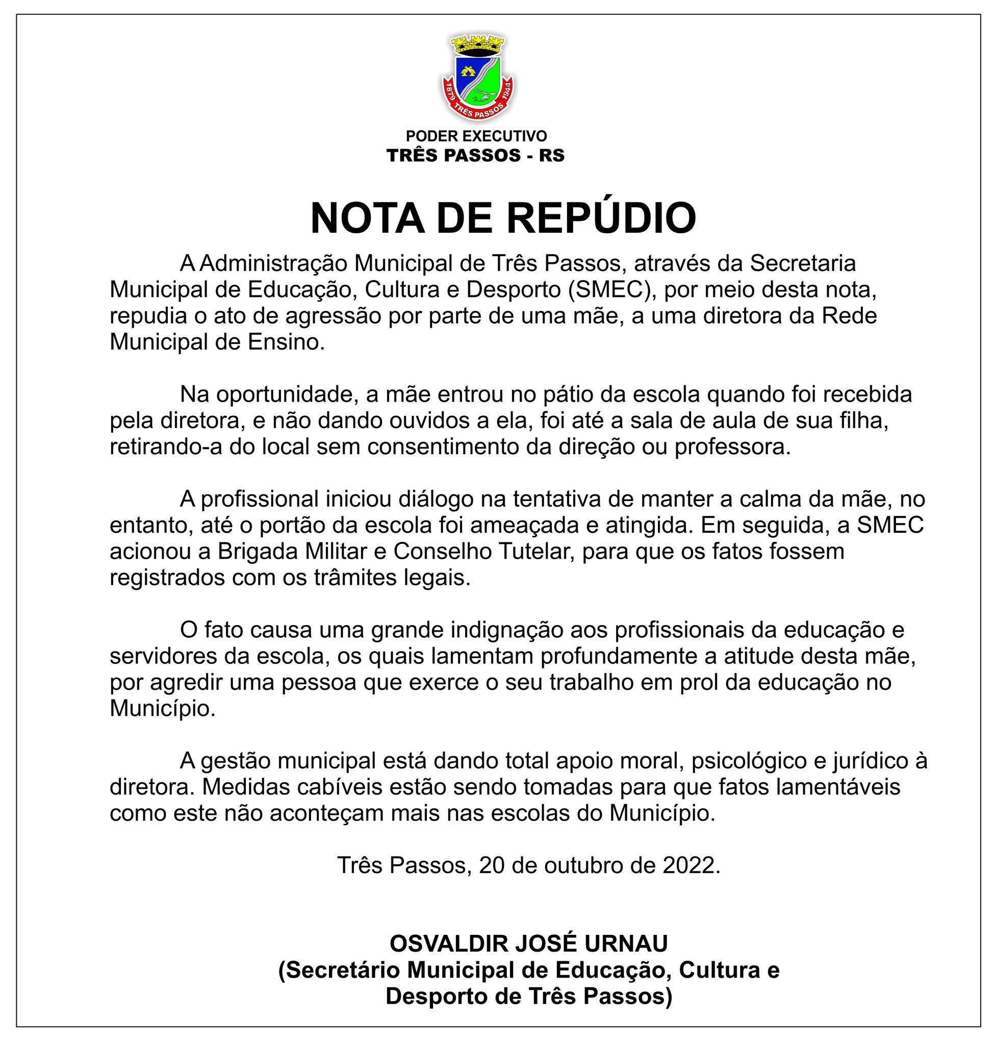 Nota de Repúdio da Prefeitura de Três Passos